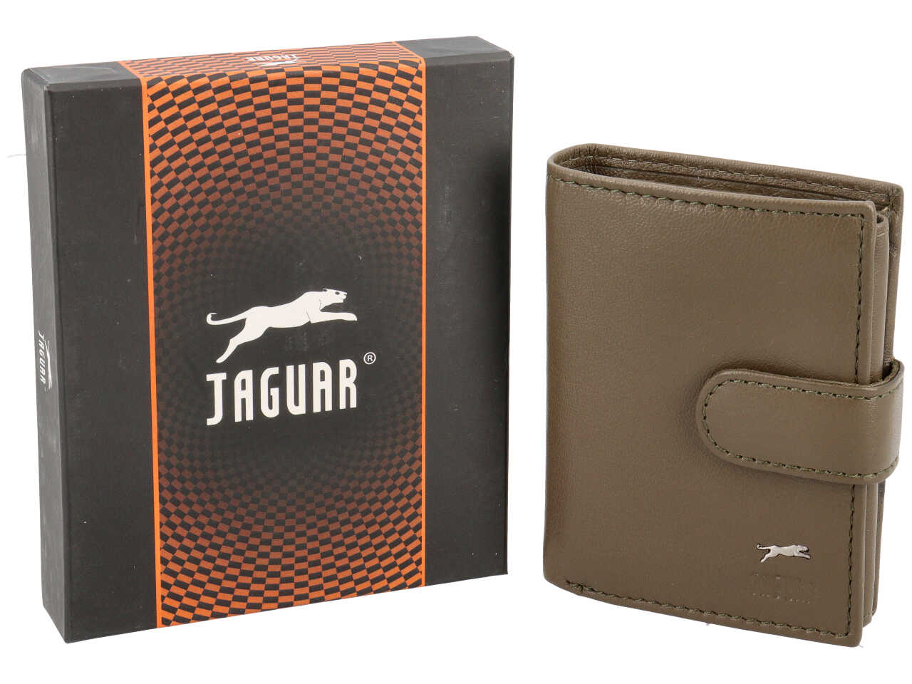 Portafoglio da uomo in pelle verde oliva con chiusura a bottone, 10x8 cm - Jaguar