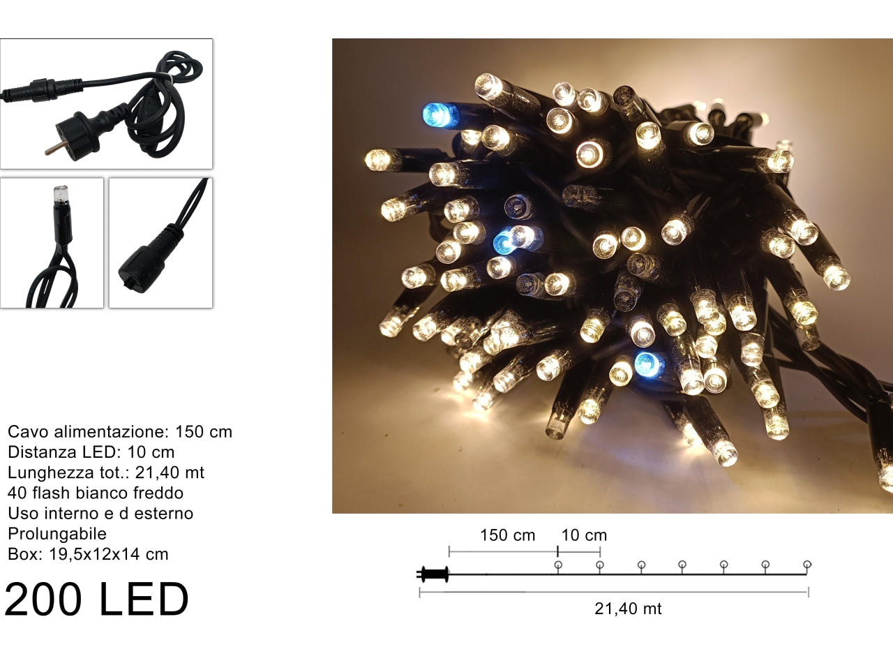 Luccioloni 200 led 40 led flash bianco caldo prolungabile filo nero led