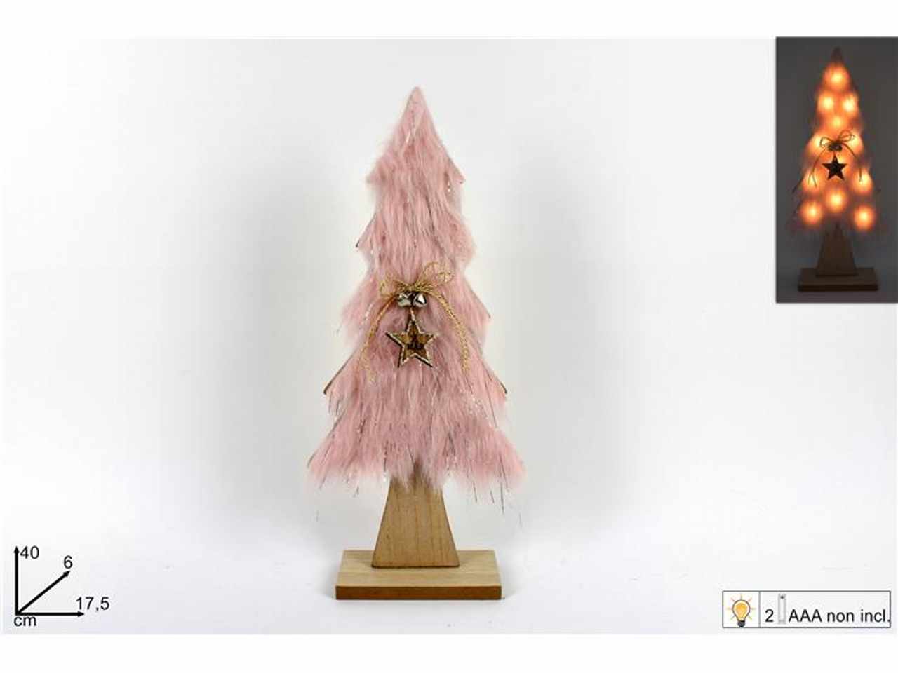 Albero di natale legno con pelliccia 40cm con luci rosa