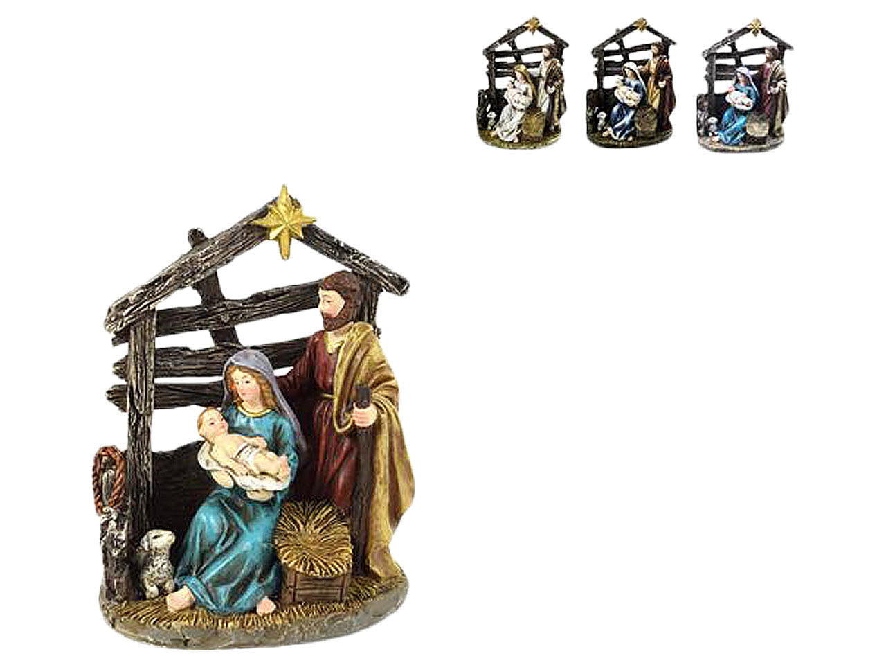 Nativita' bimbo in braccio con capanna poliresina 16x7x13cm