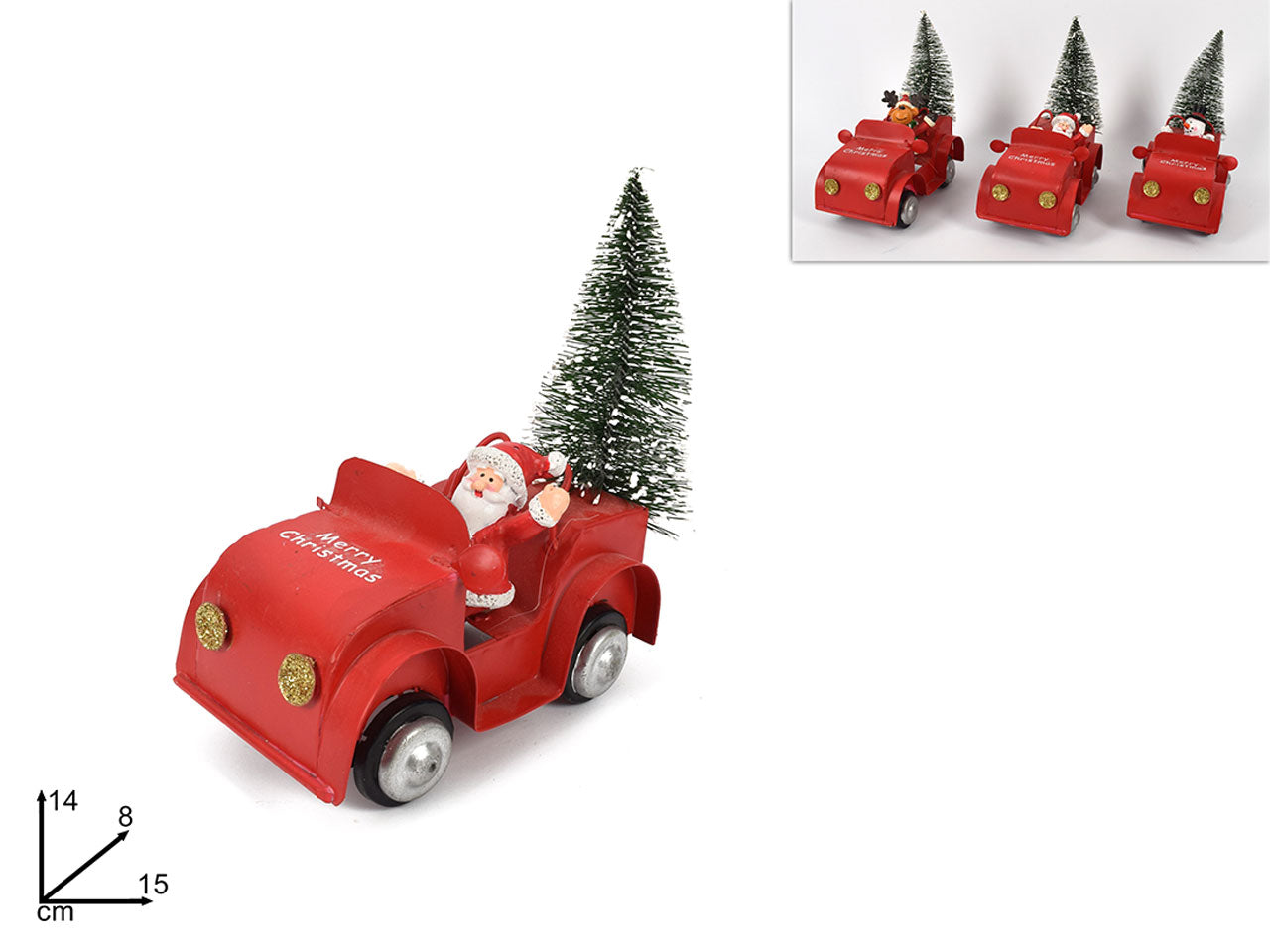 Soggetto natalizio su macchina e con albero di natale