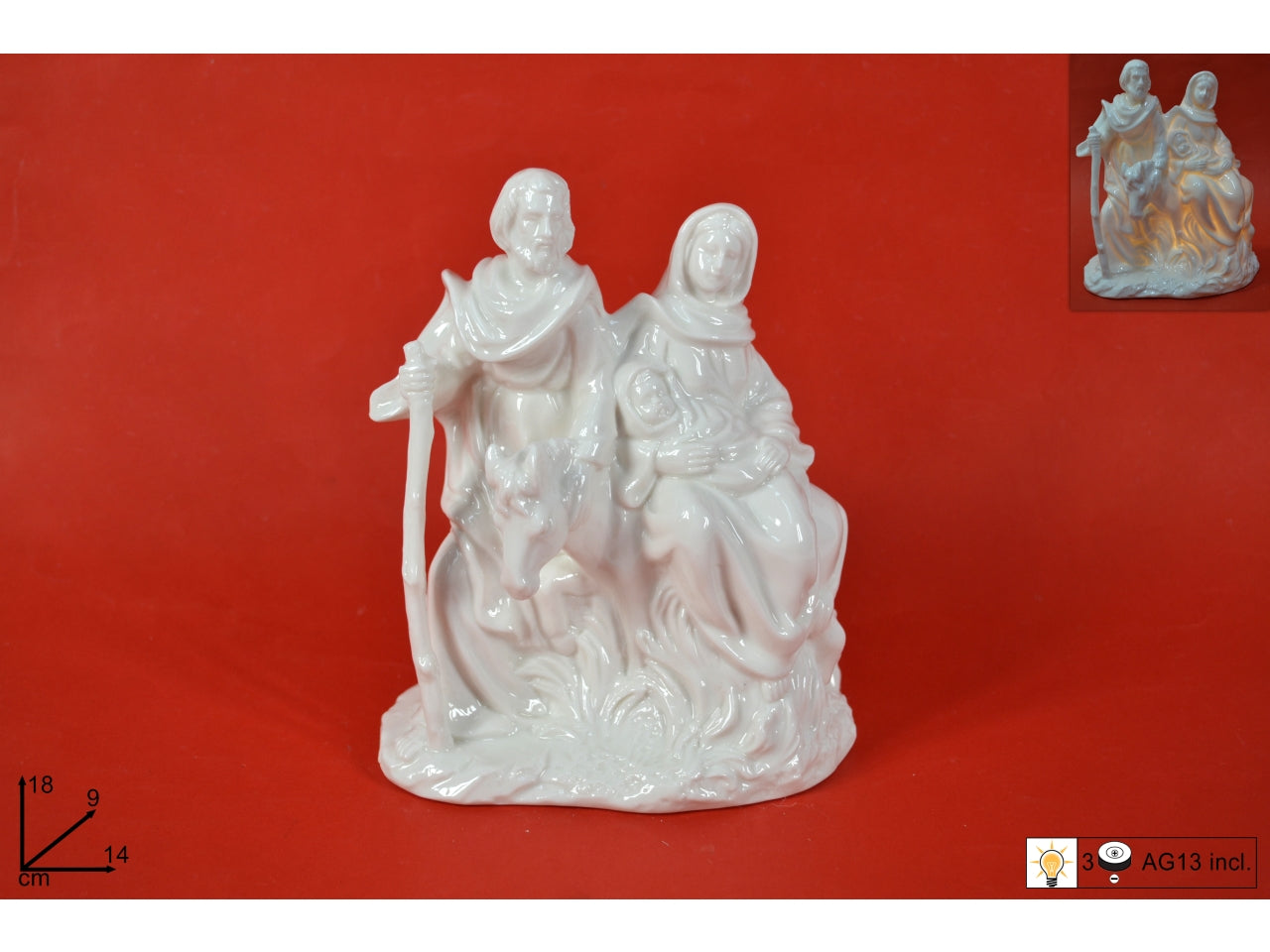Santa famiglia con asinello bianca con luci a batteria