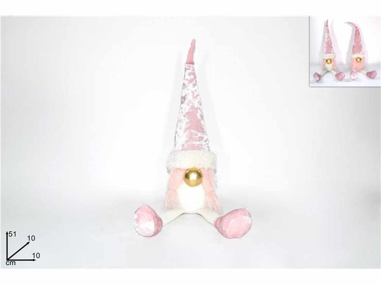 Gnomo di natale seduto con cappello velluto rosa 51x10x10cm