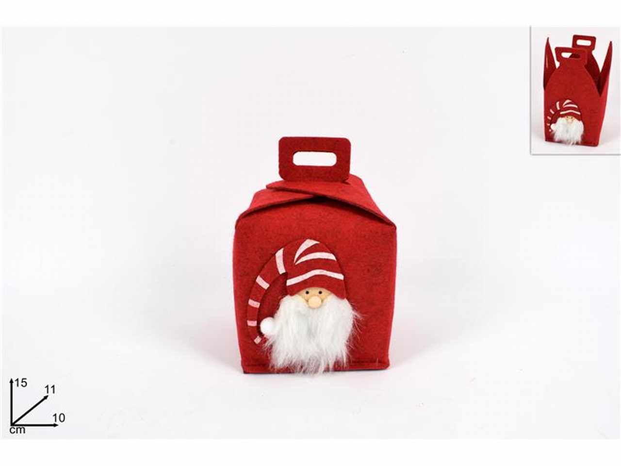 Scatola feltro rosso 10cm con viso gnomo di natale