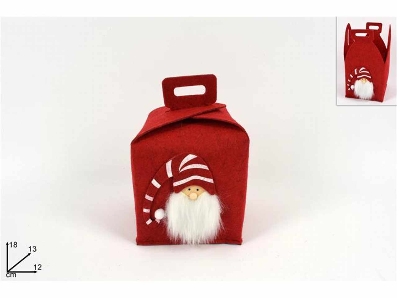 Scatola feltro rosso 12cm con viso gnomo di natale