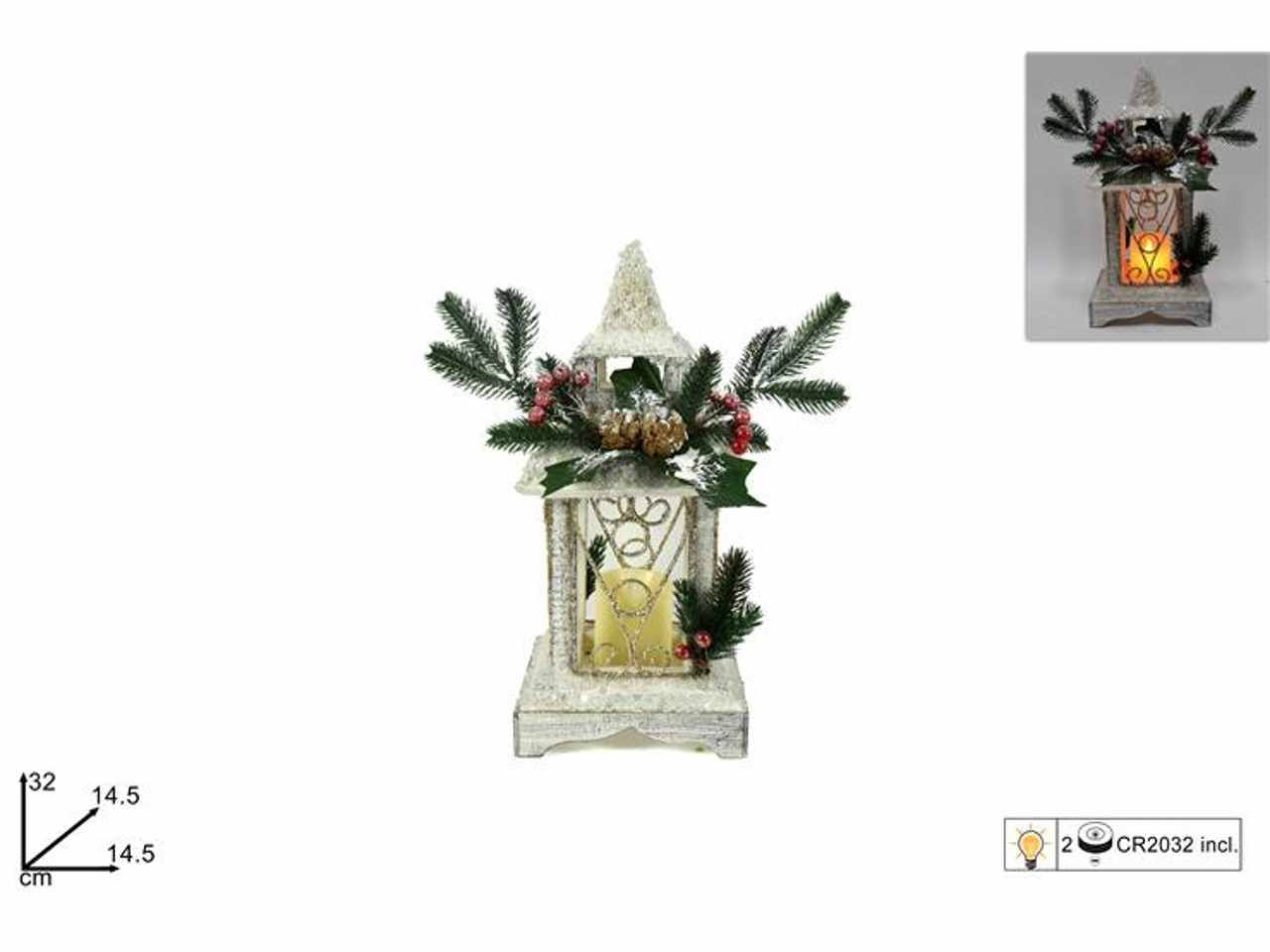 Lanterna legno bianco con paillettes con luci batteria cm32