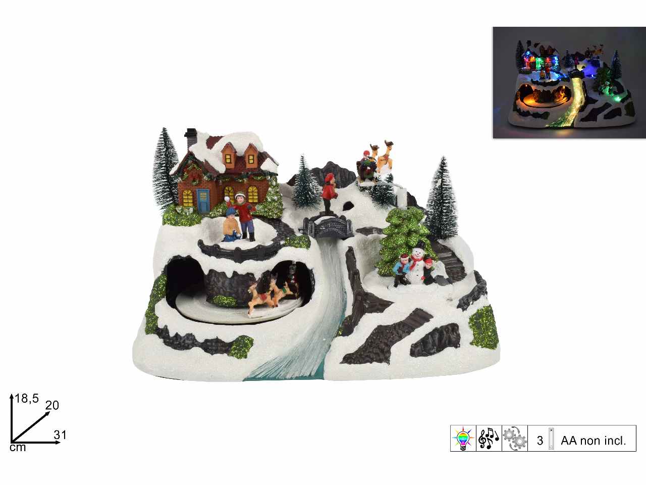 Giostrina scenario con babbo natale su slitta movimento luci e suoni 18,5x20x31cm
