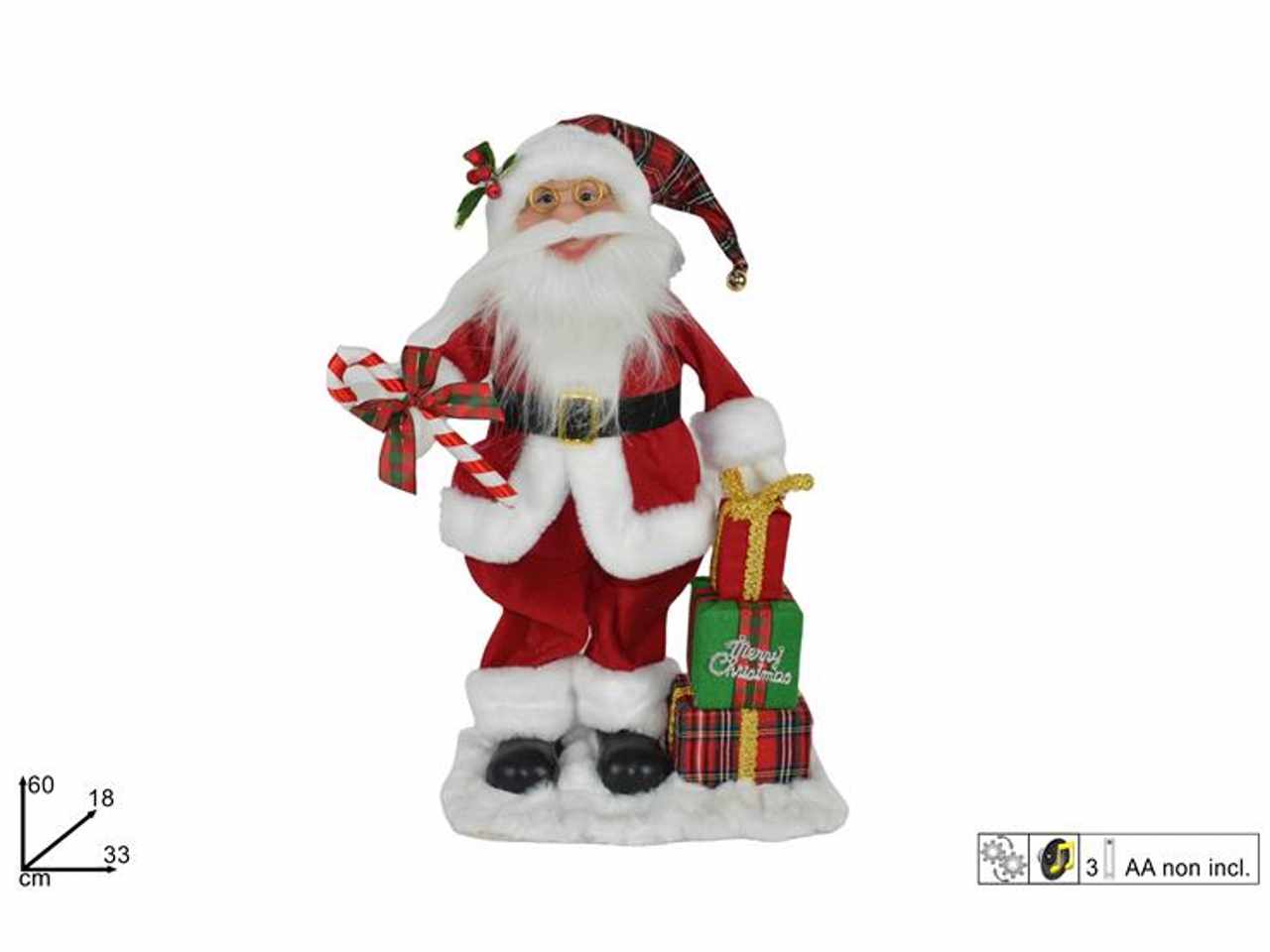 Babbo natale con doni con movimento e musica batteria 60x18x33cm