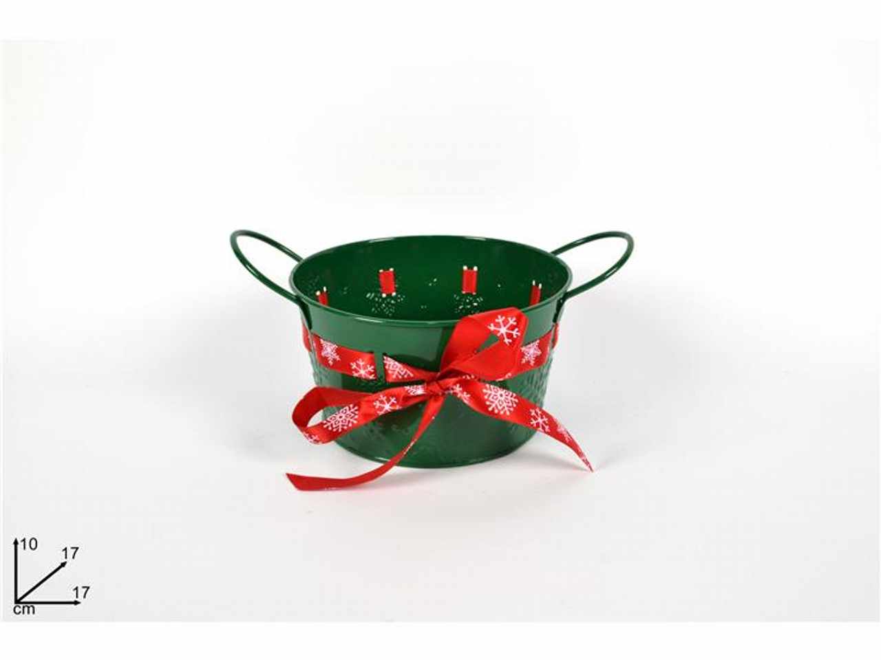 Bacinella metallo verde con nastro natalizio 10x17x17cm