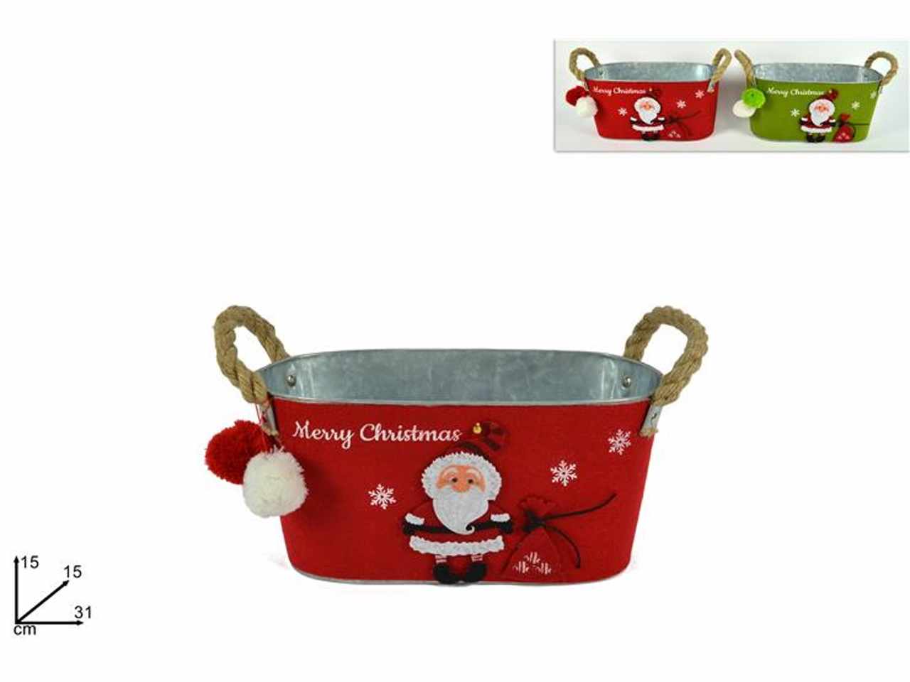 Cesto metallo con babbo natale rossa e verde 15x15x31cm