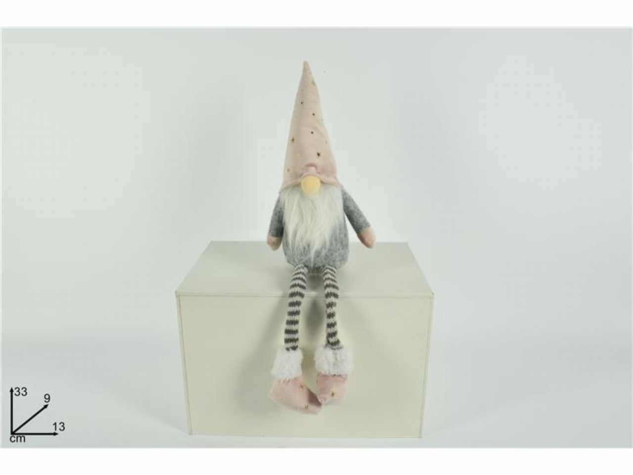 Gnomo di natale seduto 33cm con cappello rosa stelle