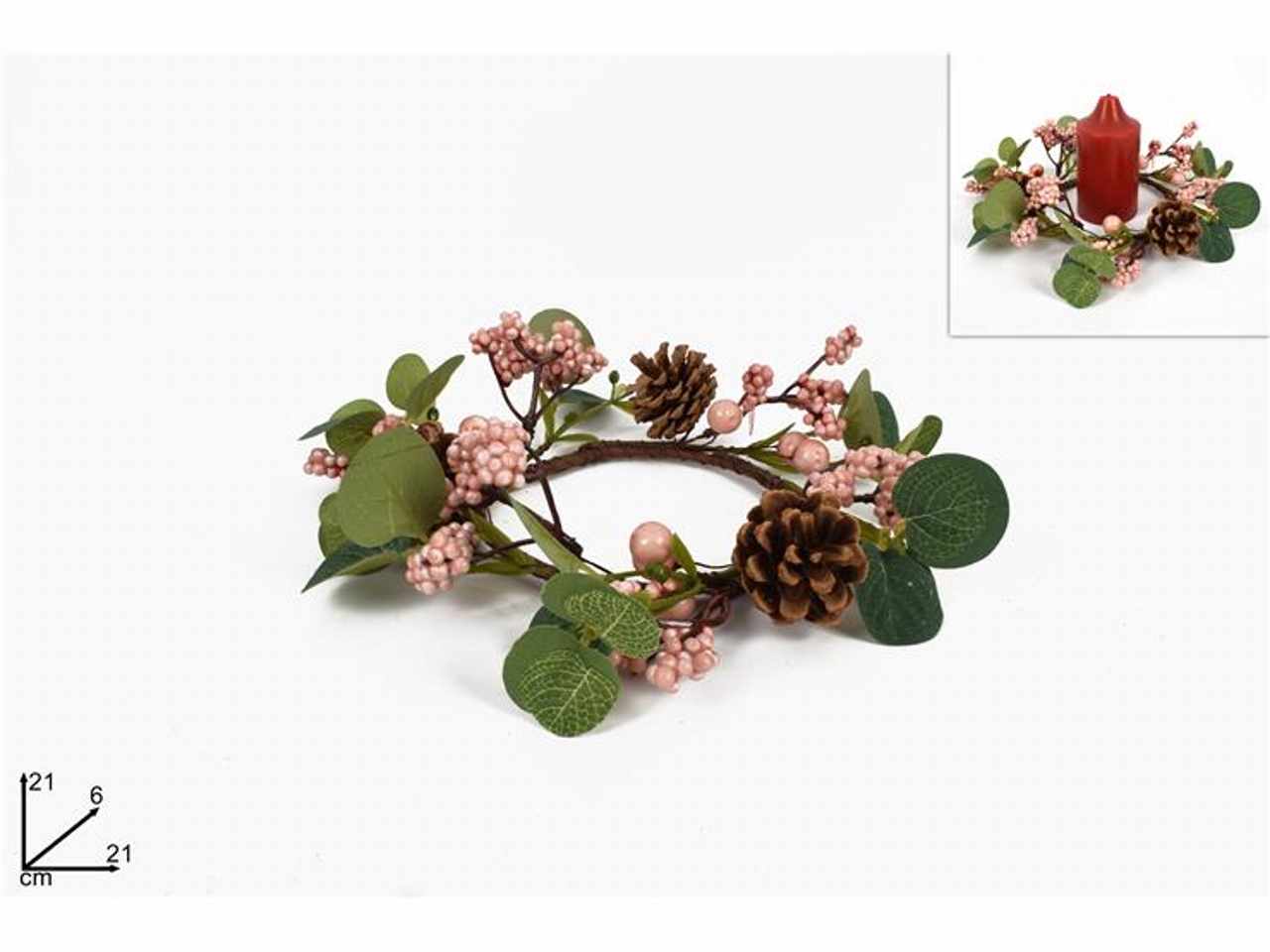 Girocandela con bacche rosa e pigne 10cm