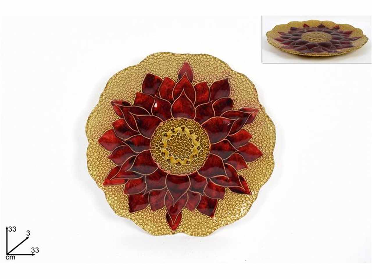Piatto vetro 33cm oro fiore rosso