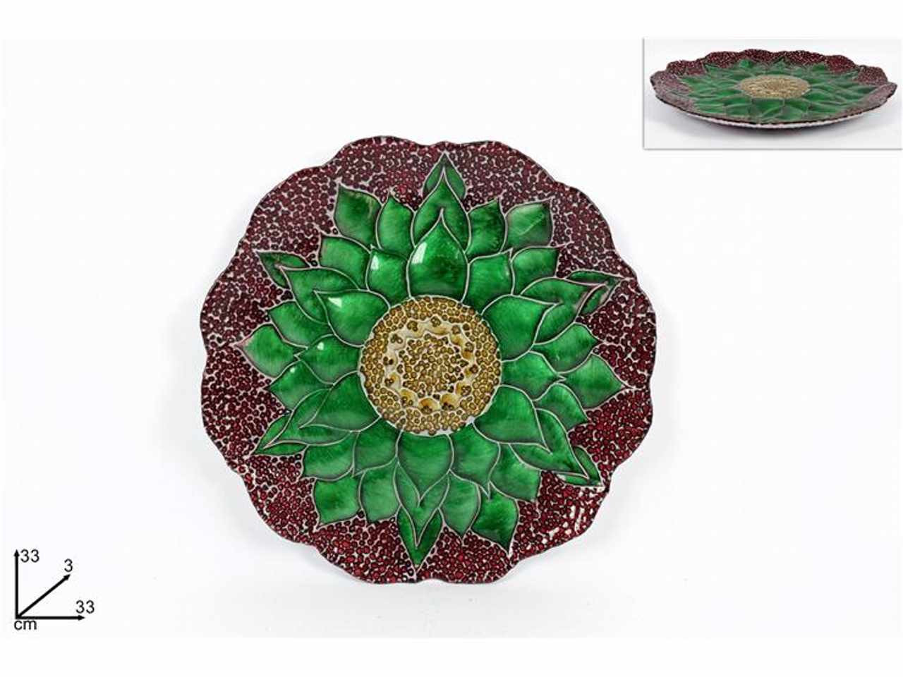 Piatto vetro 33cm rosso fiore verde