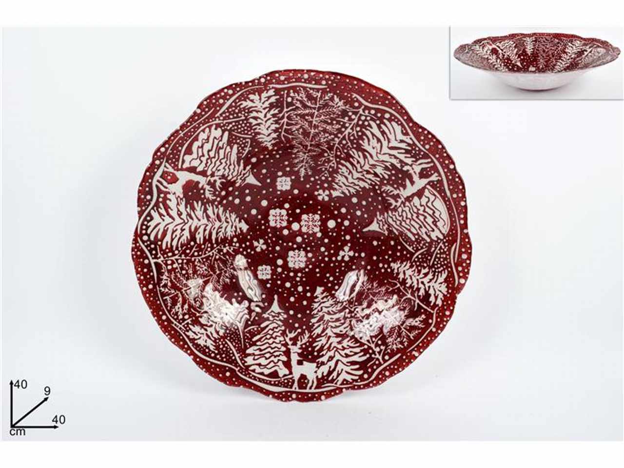 Centrotavola vetro natalizio 40cm rosso decoro bianco