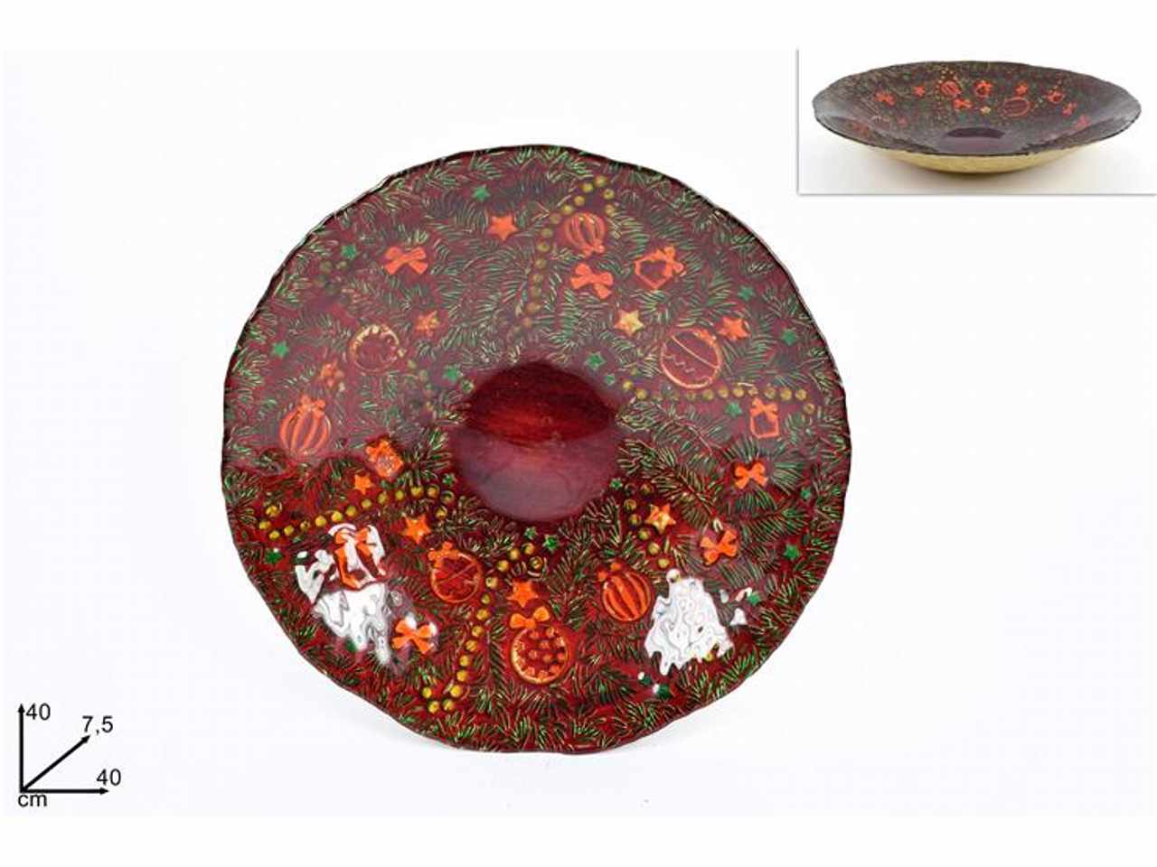 Centrotavola vetro natalizio 40cm rosso decoro ghirlanda