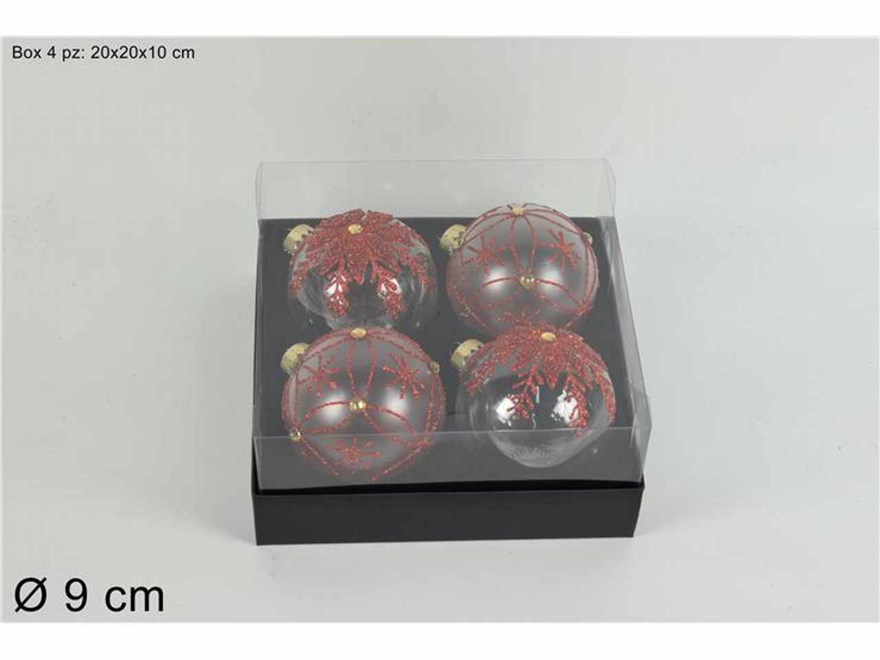 Palle d.9cm 4pz opaco/trasparente con decori glitter rosso art.ra-008con r