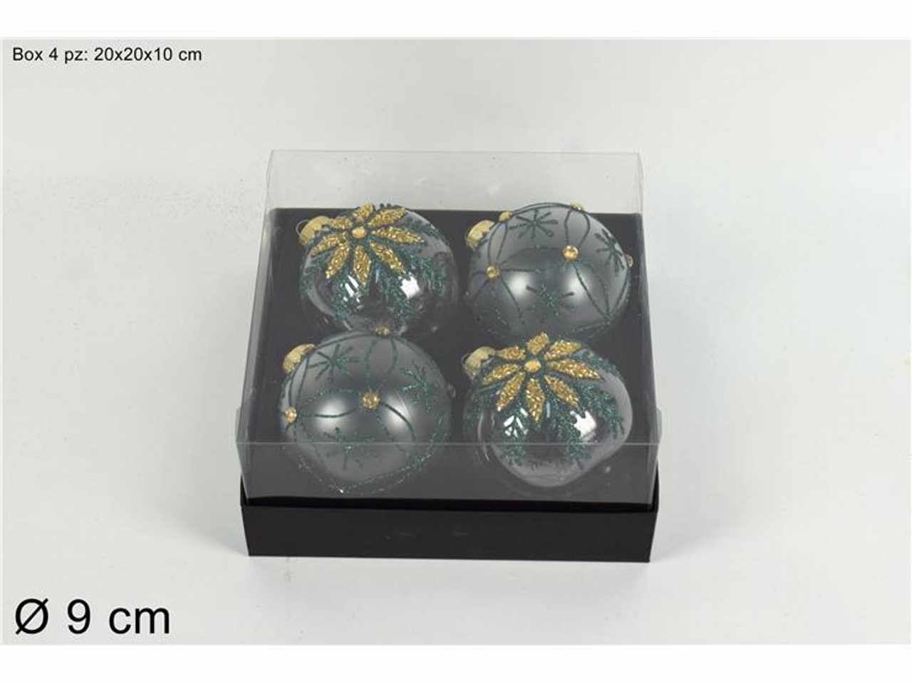 Palle d.9cm 4 pezzi opaco/trasparente con decori glitter verde art.ra-008con gr