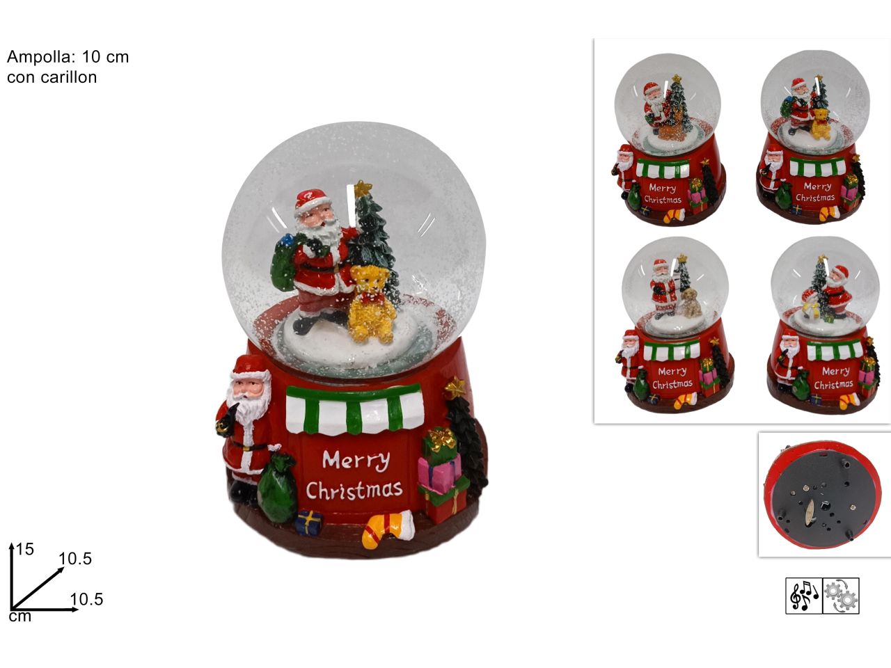 Ampolla 10cm con carillon e babbo natale merry christmas in 4 assortimenti