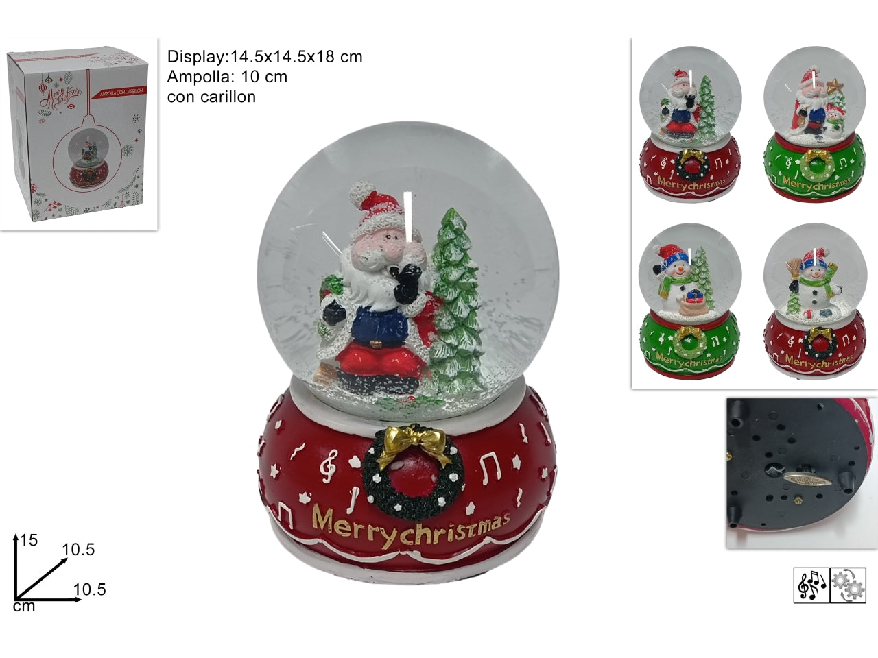 Ampolla 10cm con carillon e babbo natale/snowman con note musicali in 4 assortimenti