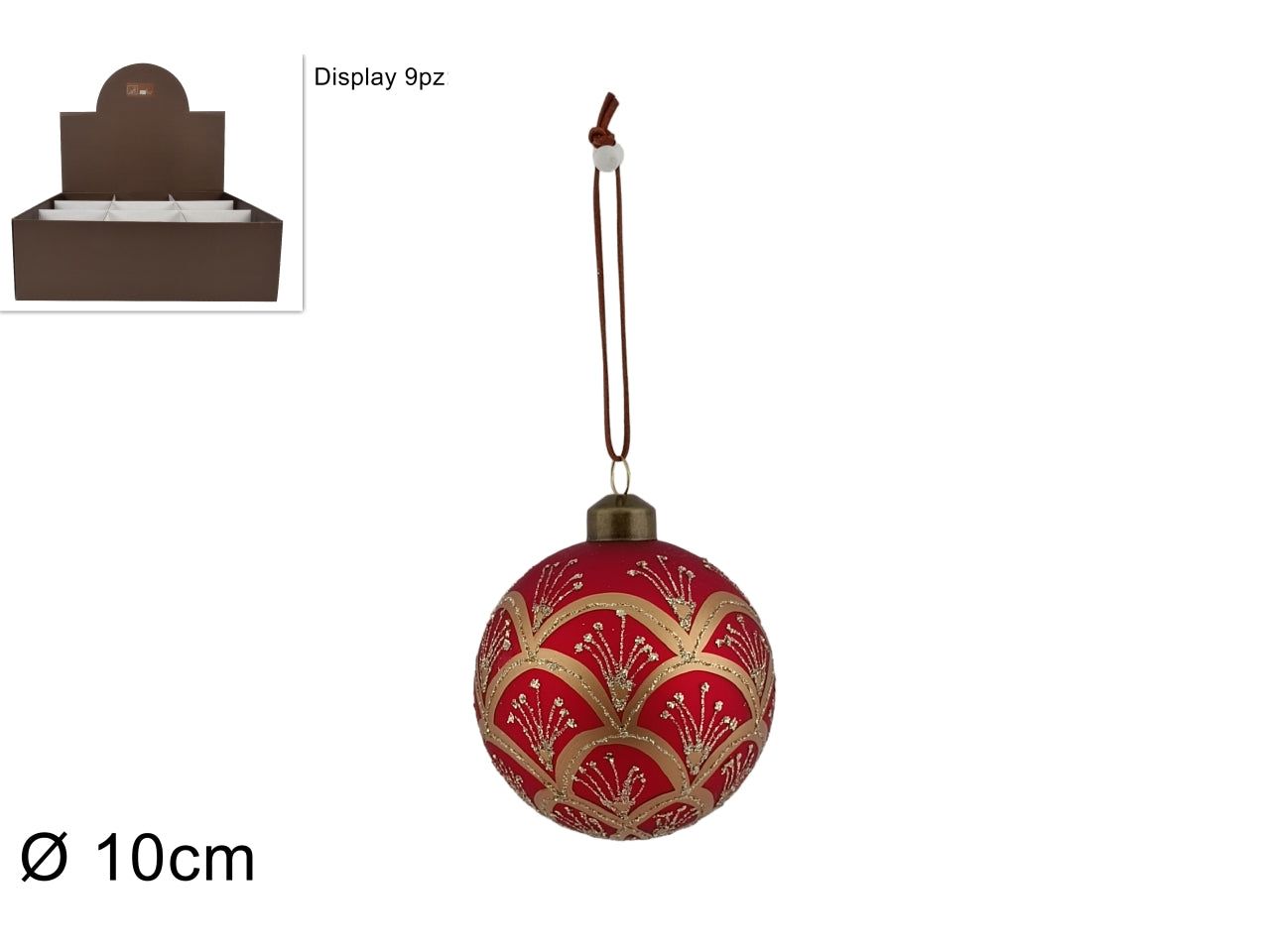 Palla di natale in vetro 10cm rossa con decoro oro