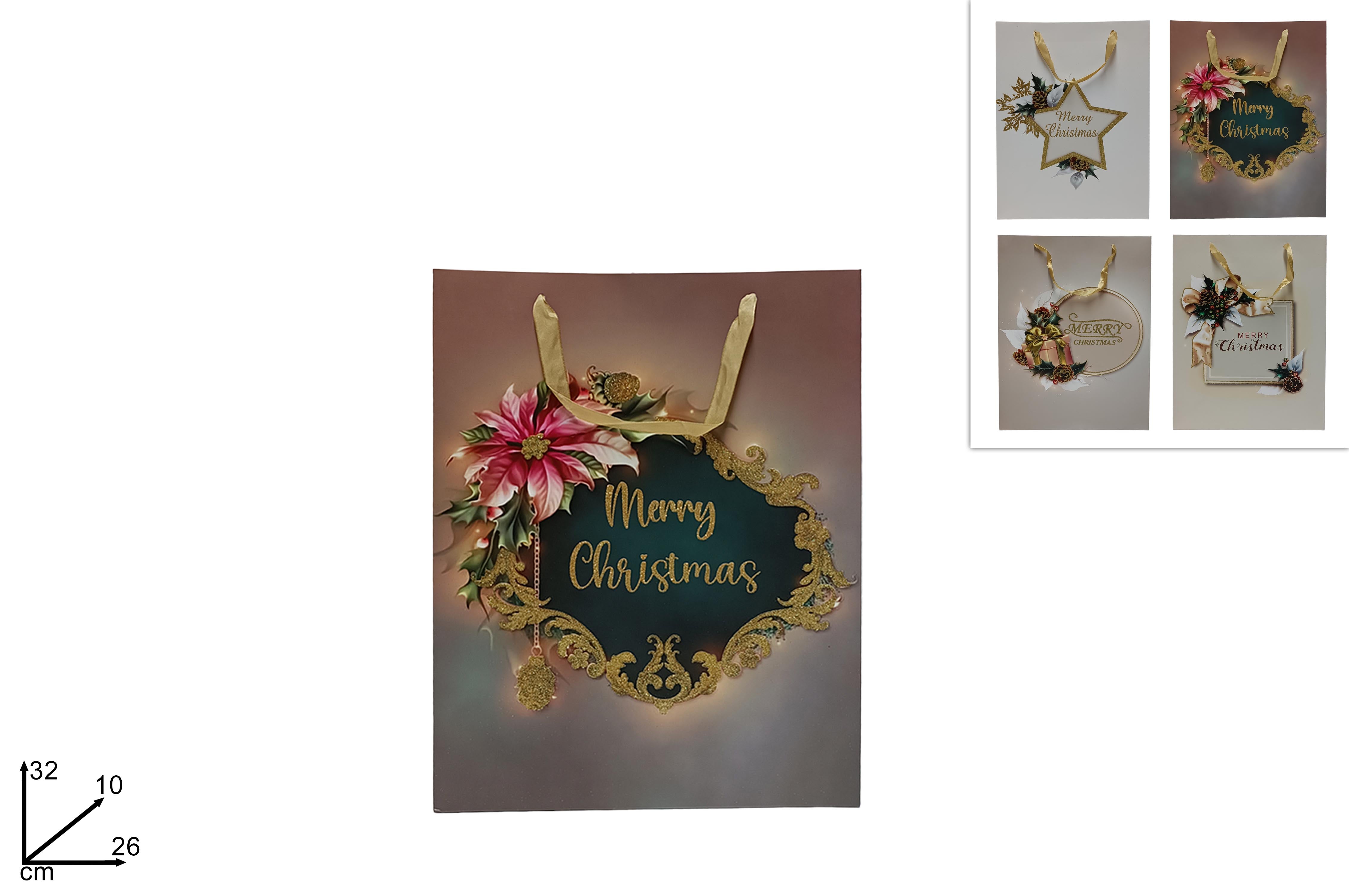 Busta regalo natalizia fantasia elegance misura 32x26x10cm in 4 assortimenti