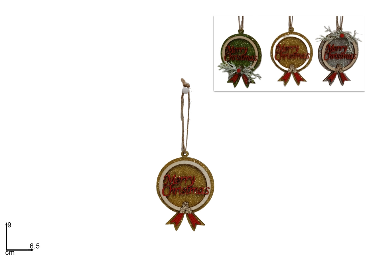 Pendente palla in legno merry christmas in 3 colori assortiti