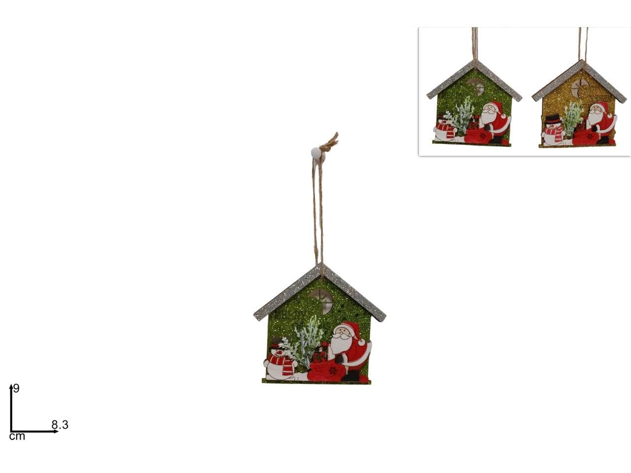 Pendente casetta in legno con soggetti natalizi in 3 colori assortiti