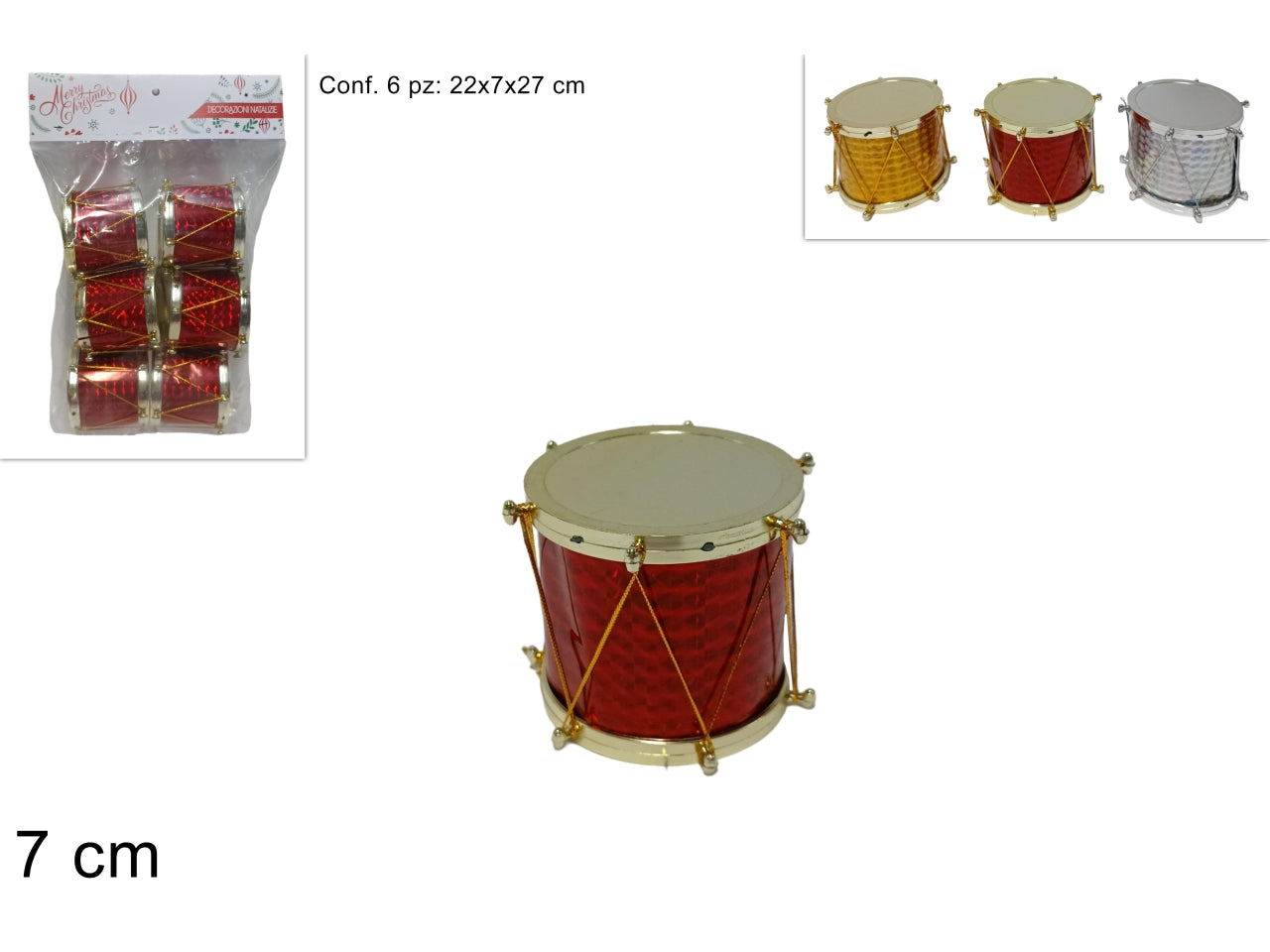Tamburelli natalizi 7cm il set contiene 6 tamburelli in 3 colori assortiti