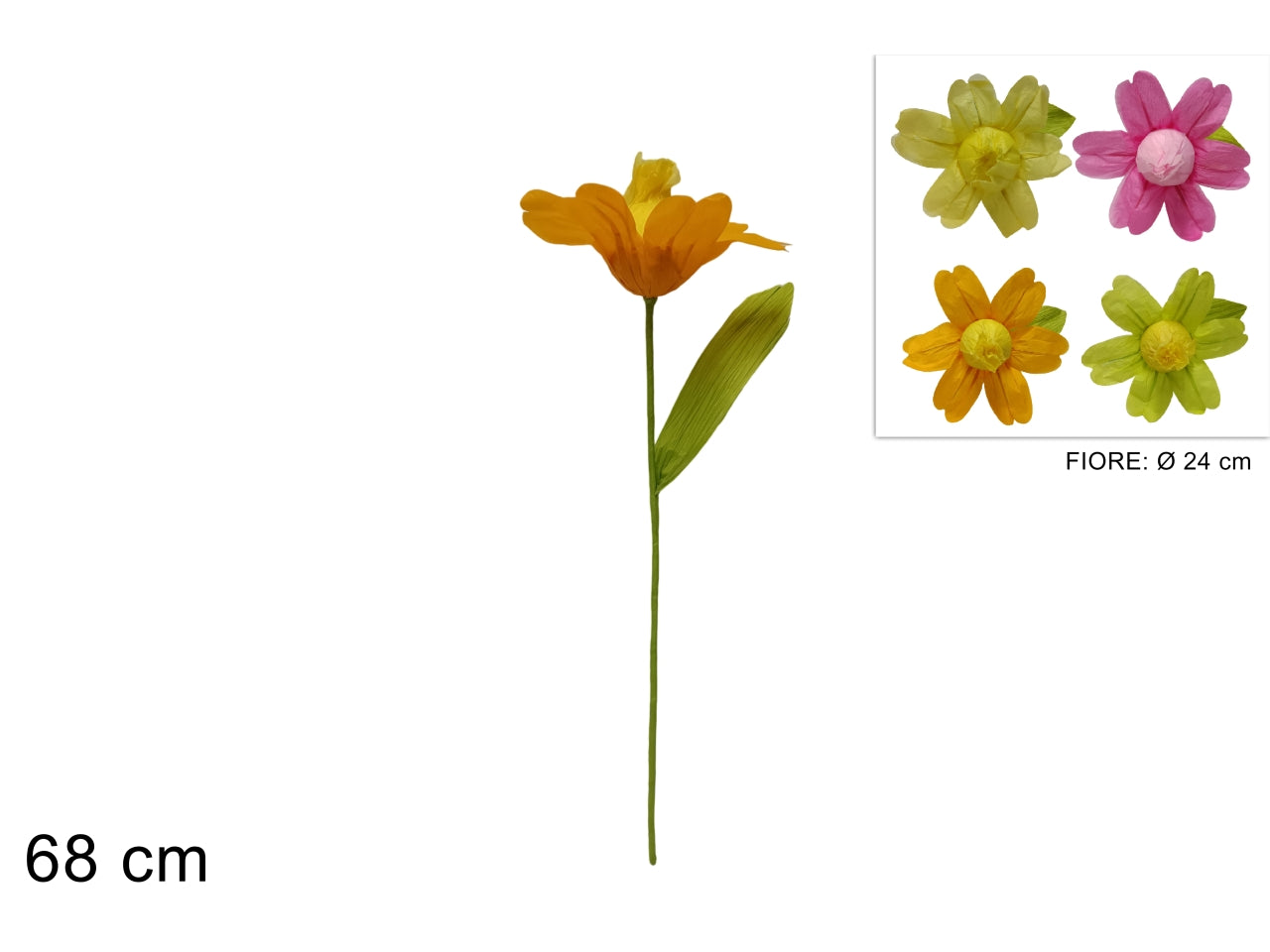 Stelo fiore in carta crespa misura 68cm in 4 colori