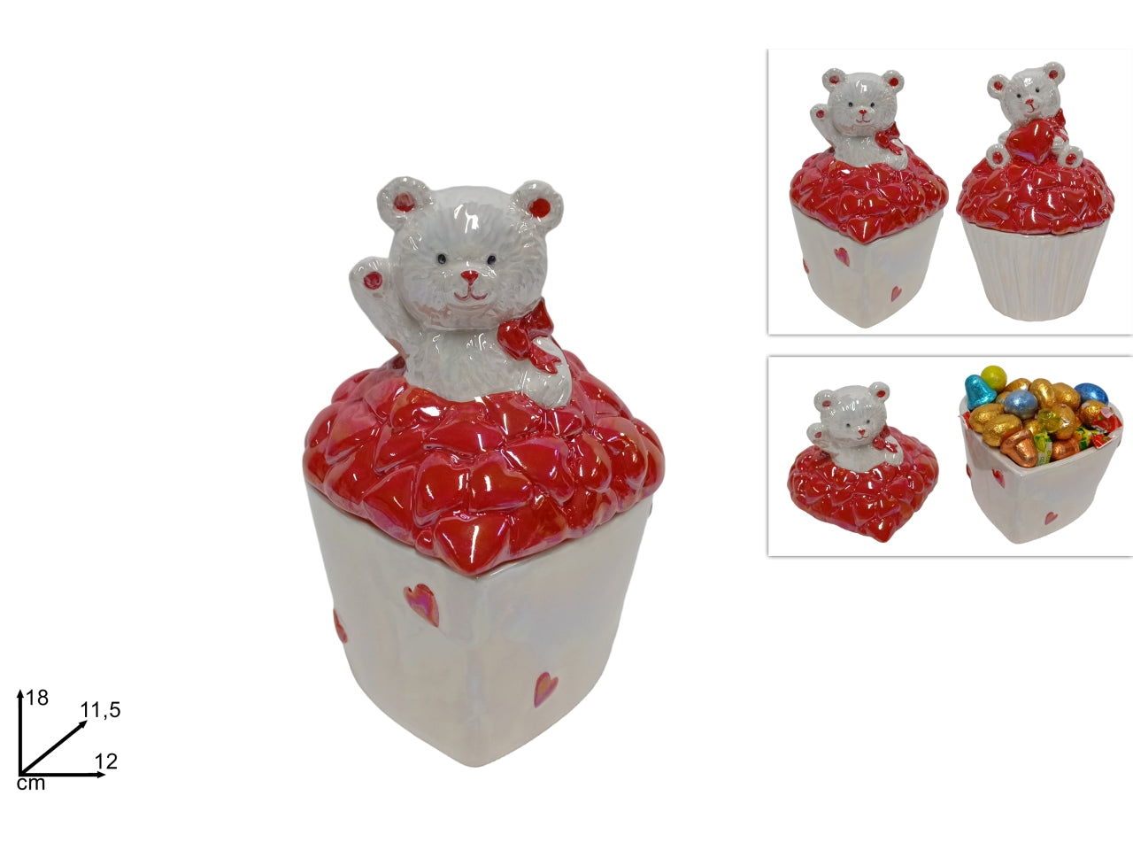 Barattolo in ceramica cuori con orsetto