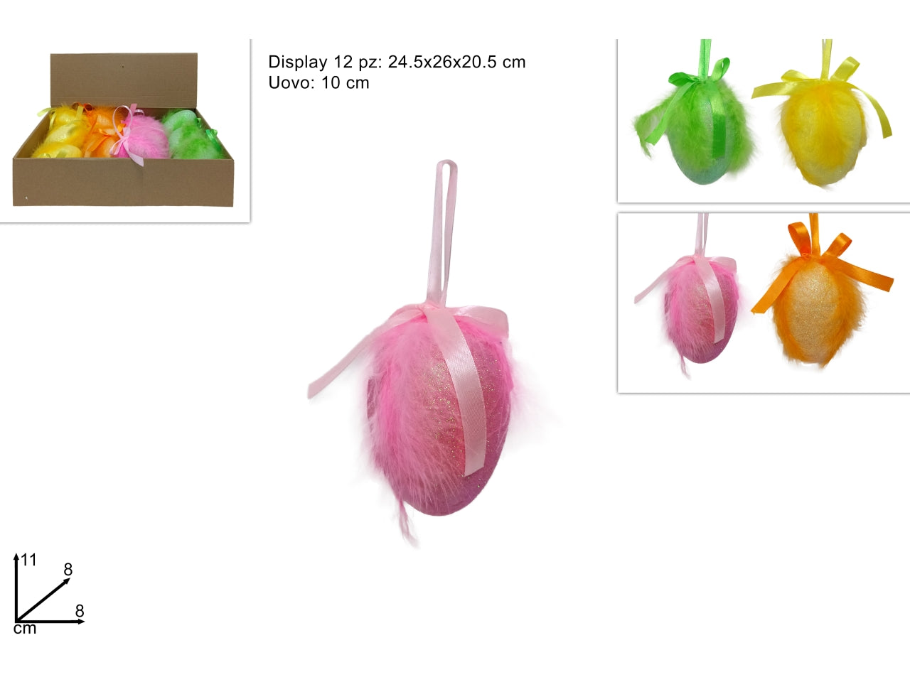 Appendino uovo misura 10cm glitterato con piume in 4 colori assortiti