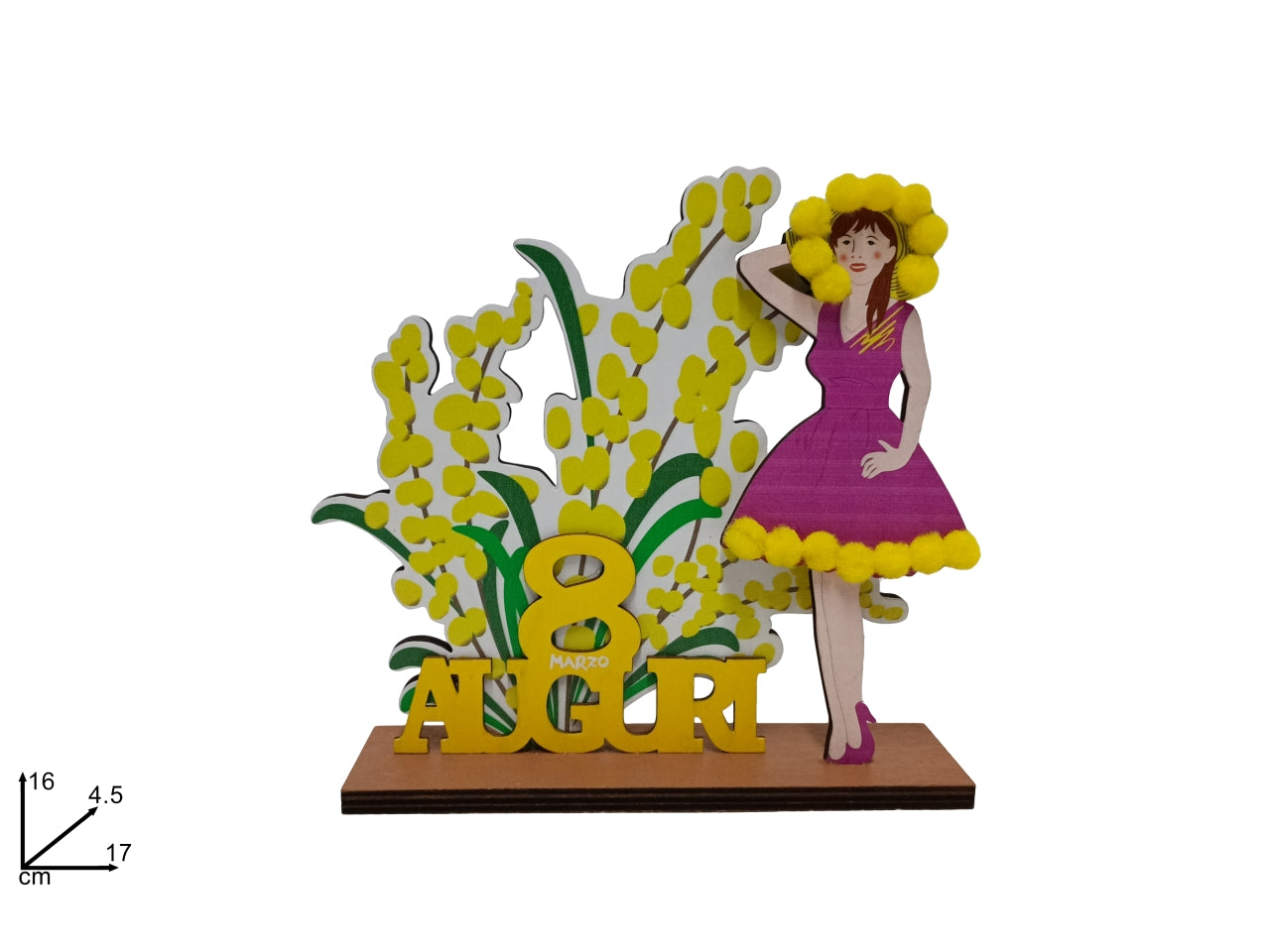 Decorazione legno donna con mimosa 16cm festa della donna