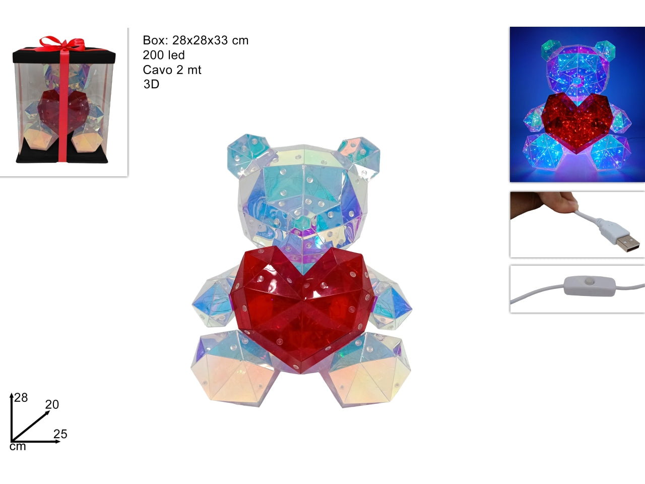 Orsetto con cuore 30cm 3d con 200 led e cavo usb in bx pvc