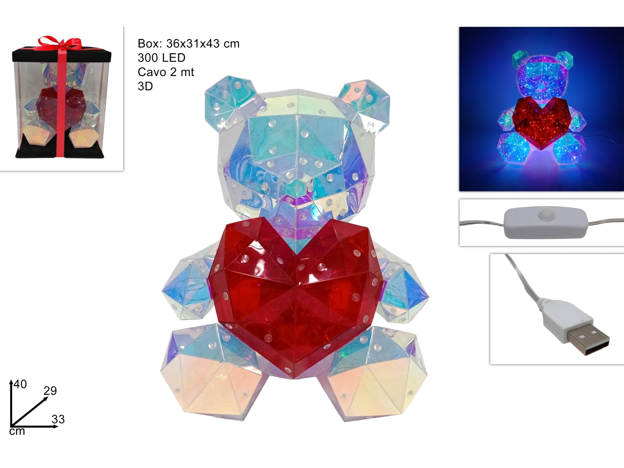 Orsetto con cuore 40cm 3d con 300 led e cavo usb in box pvc