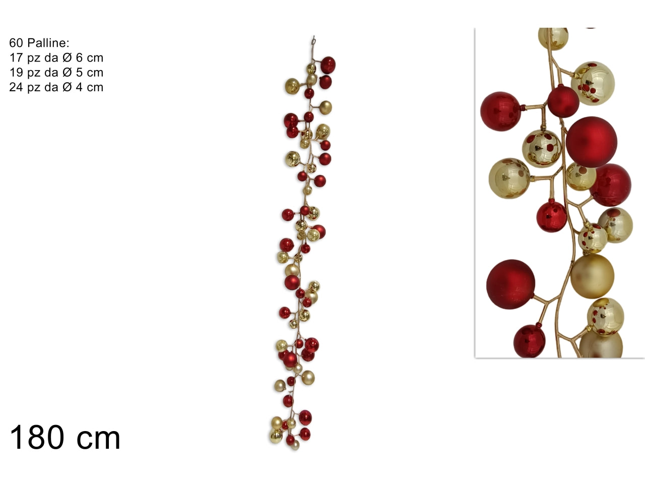 Ghirlanda con 60 palline 180cm rosse/oro