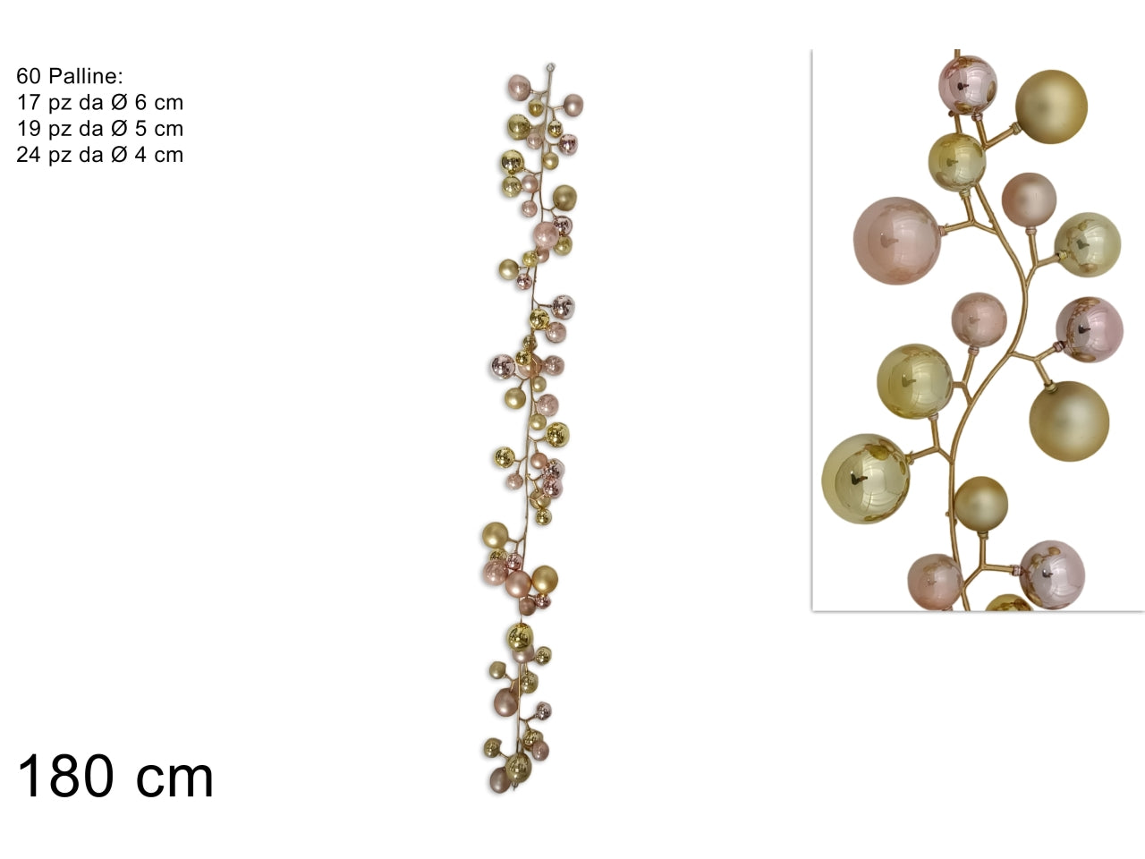 Ghirlanda 180cm con 60 palline oro/rosa