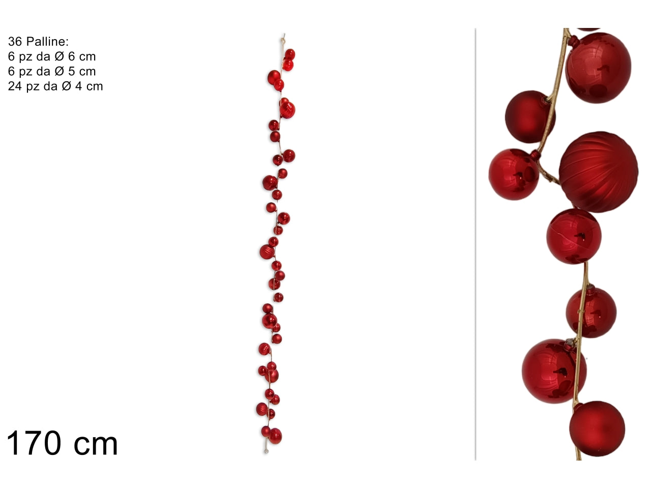 Ghirlanda con 36 palline 170cm rosse