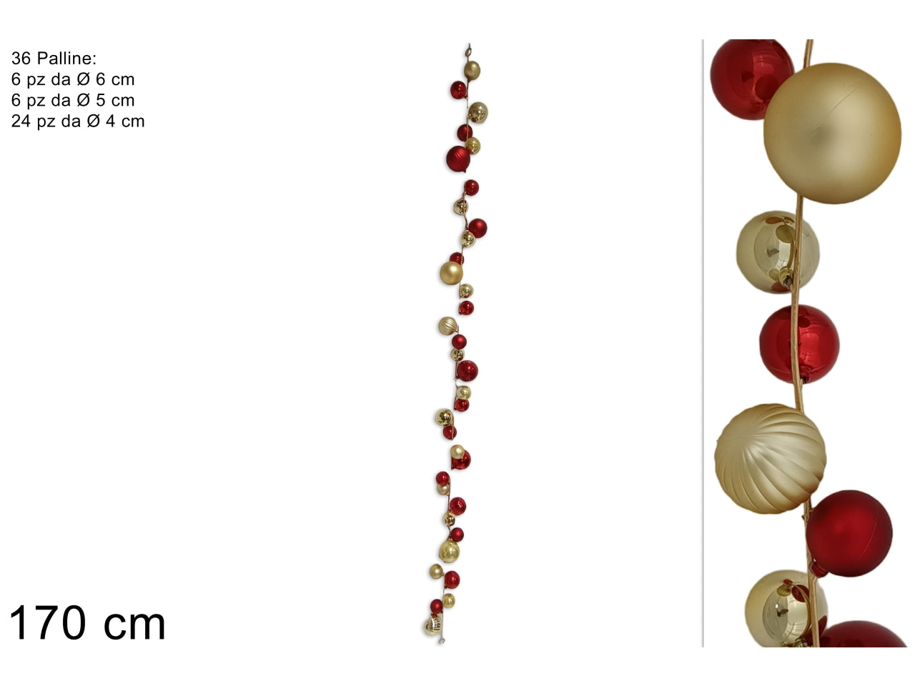 Ghirlanda con 36 palline 170cm rosse/oro