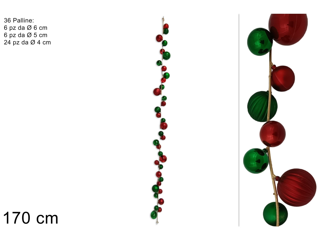 Ghirlanda con 36 palline 170cm rosso/verde