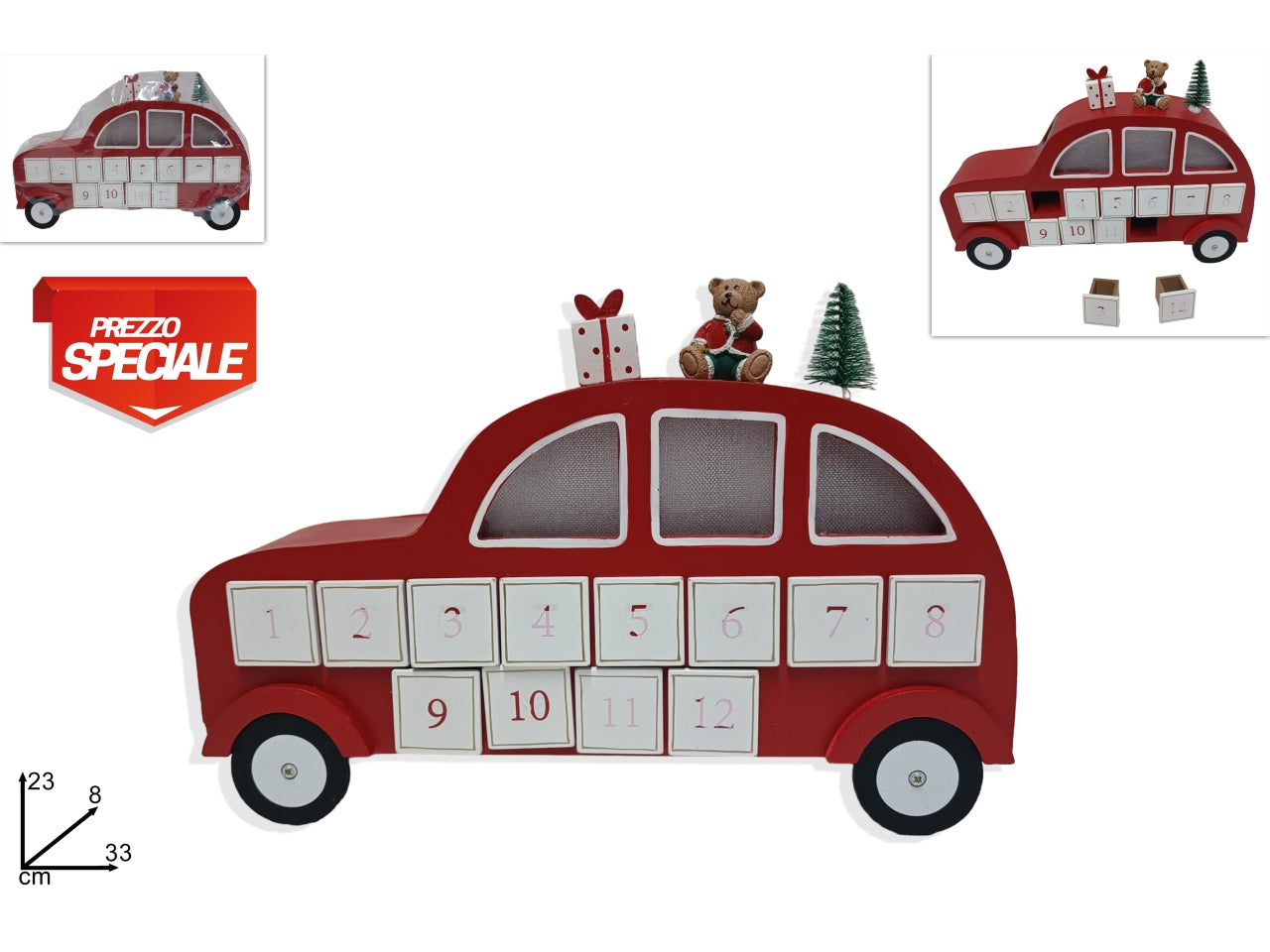 Calendario dell'avvento auto natalizia in legno rossa