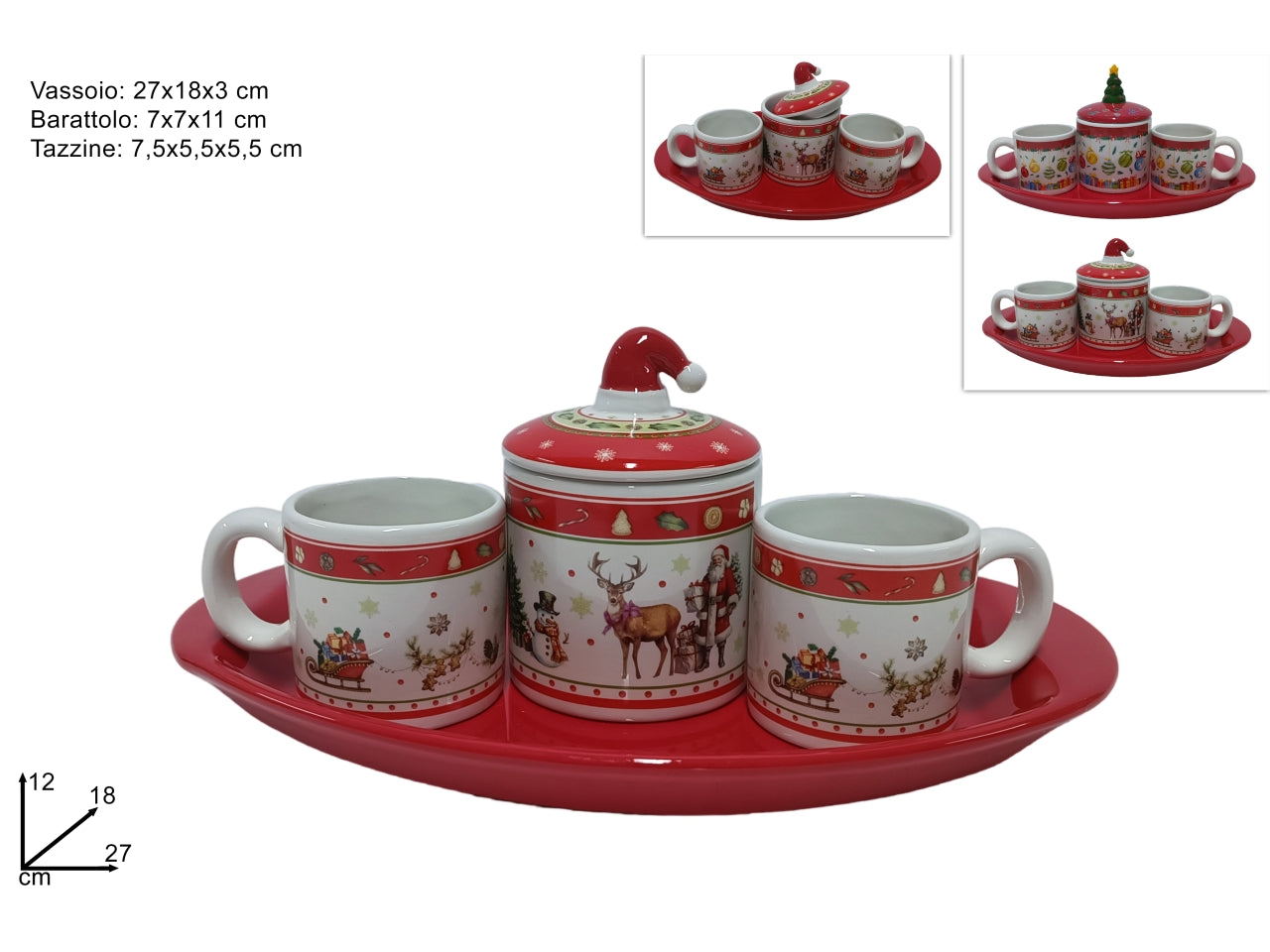 Barattolo + set da 2 tazzine + vassoio decoro natalizio in 2 assortimenti