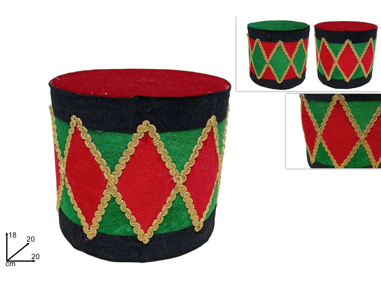 Tamburo in velluto 20x18cm verde/rosso in 2 assortimenti
