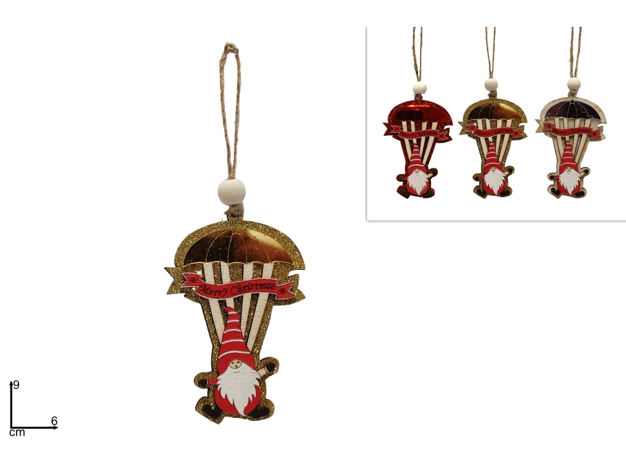 Pendente babbo natale in legno con paracadute in 3 colori assortiti