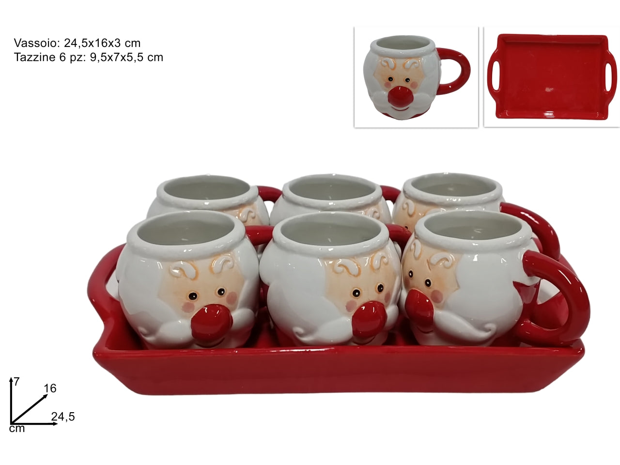 Tazzine con vassoio decoro viso babbo natale il set comprende 6 tazzine