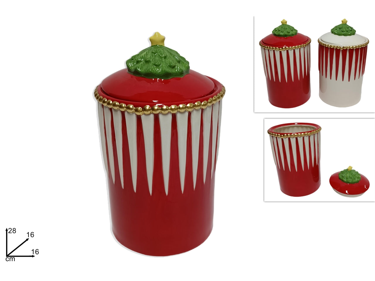 Barattolo in ceramica 28cm con alberello e decoro rosso/bianco in 2 assortimenti
