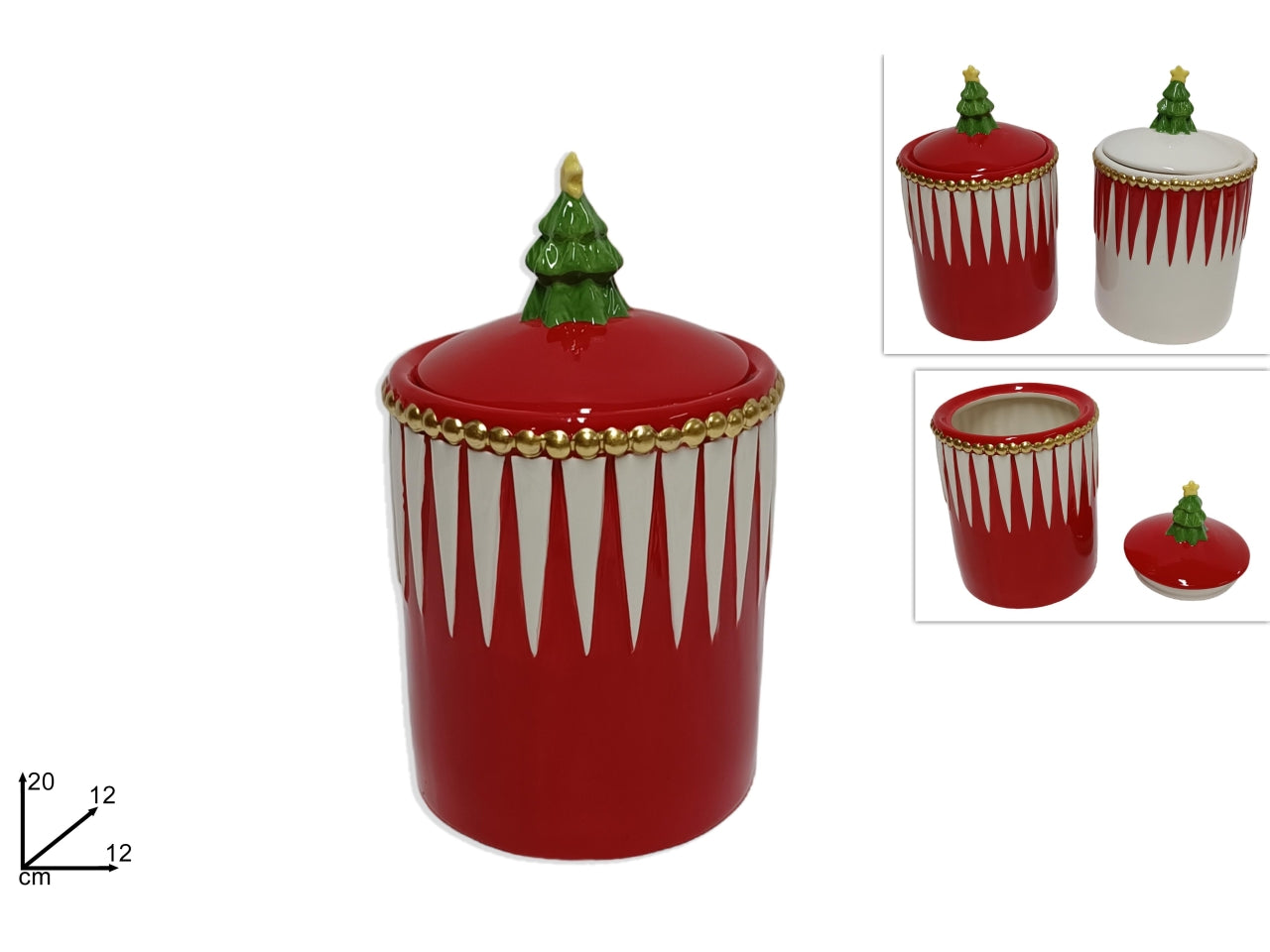 Barattolo in ceramica 21cm con alberello e decoro rosso/bianco in 2 assortimenti
