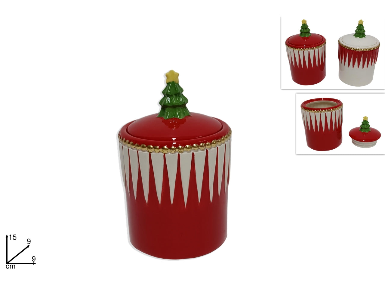 Barattolo in ceramica 15cm con alberello e decoro rosso/bianco in 2 assortimenti