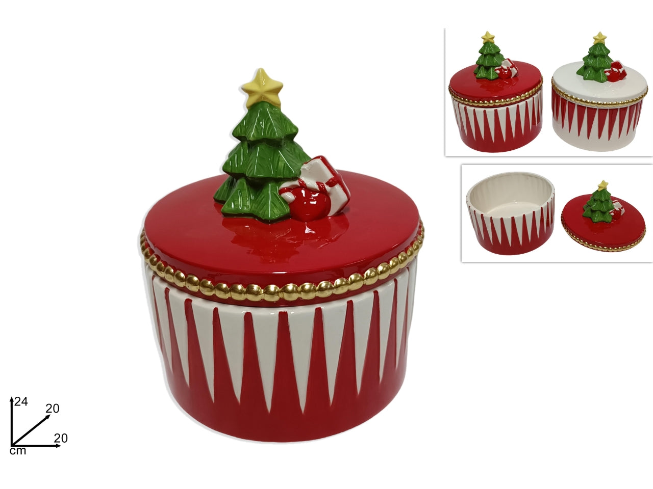 Barattolo in ceramica 24cm con alberello e decoro rosso/bianco in 2 assortimenti