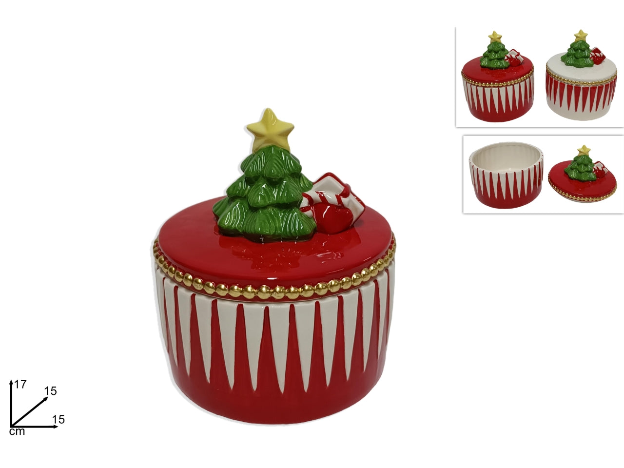 Barattolo in ceramica 17cm con alberello decoro rosso/bianco in 2 assortimenti
